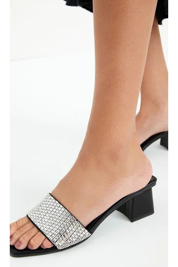 Black Next Jewelled Block Mules