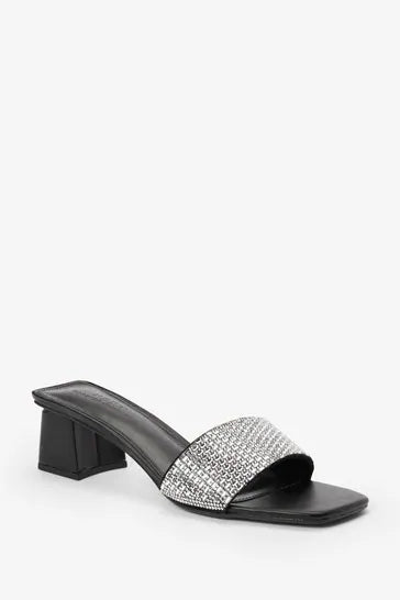 Black Next Jewelled Block Mules