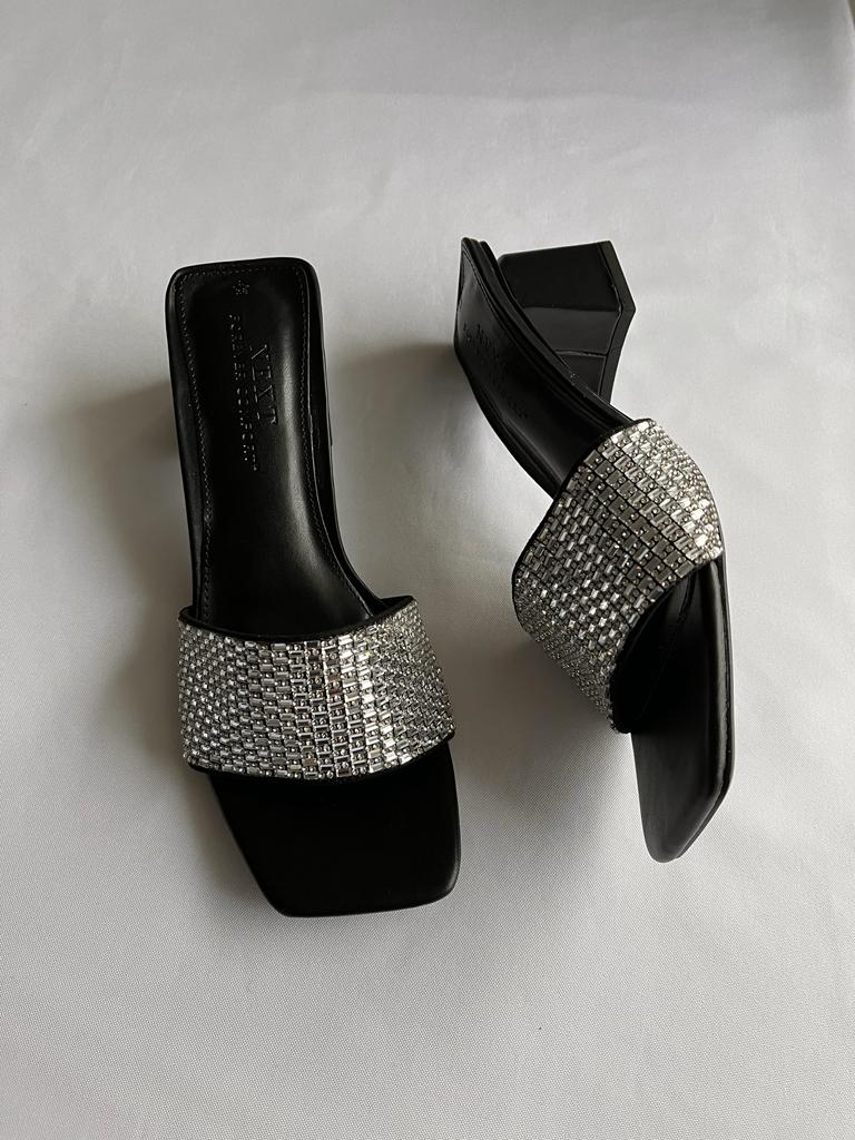 Black Next Jewelled Block Mules