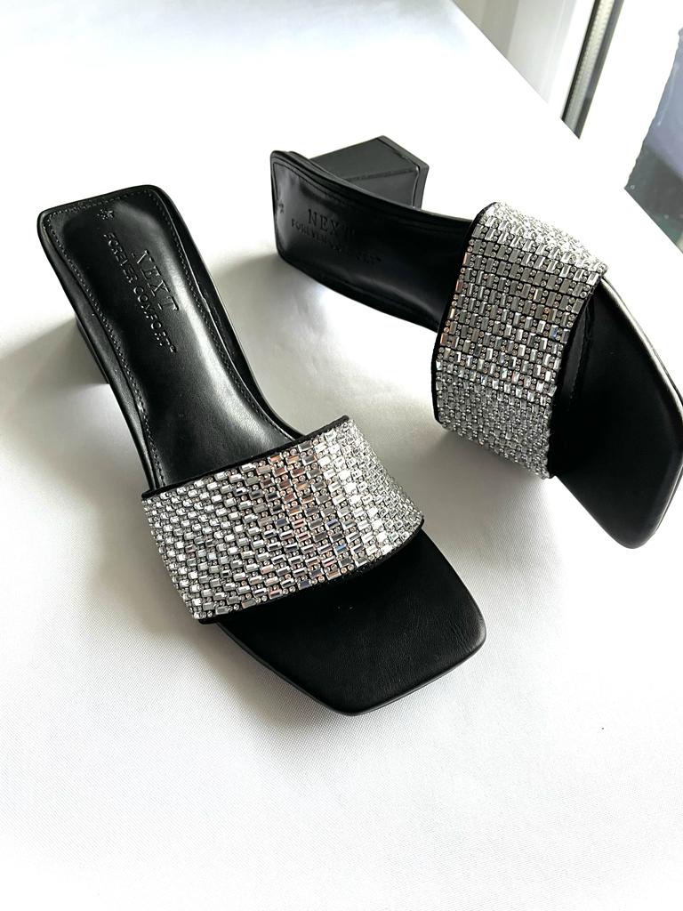 Black Next Jewelled Block Mules