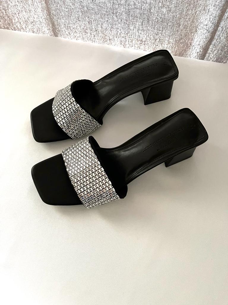 Black Next Jewelled Block Mules